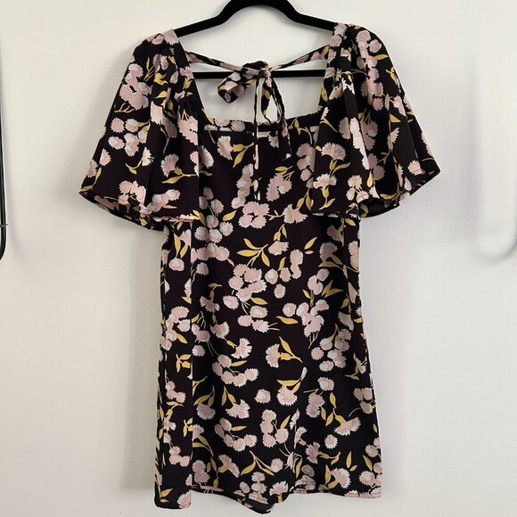 FASHION UNION BLACK PINK FLORAL SHORT SLEEVE TIE BACK DRESS - XS - Picture 5 of 6